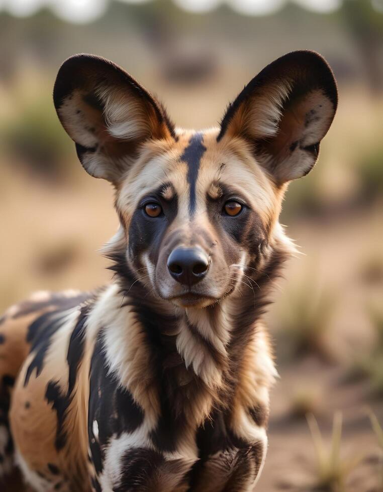 Male African wild dog with striking fur and intense gaze in natural savannah setting photo