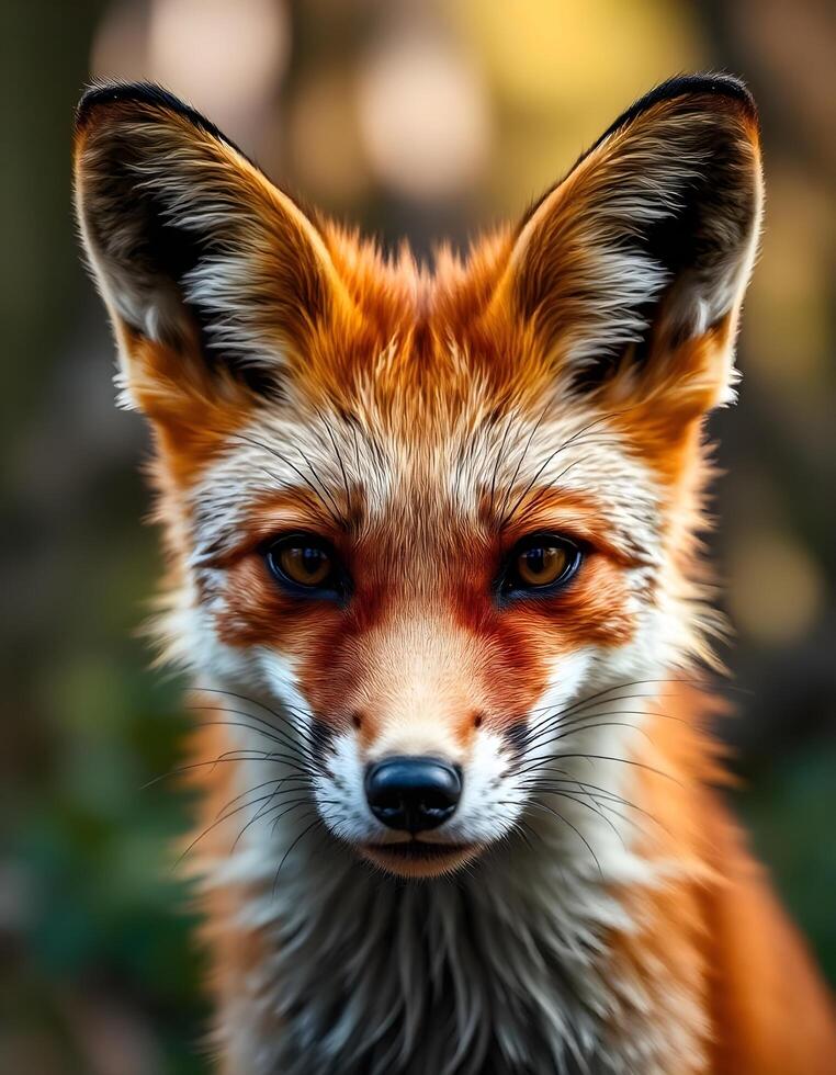 Female red fox with vibrant coat and intense expression in natural woodland setting photo