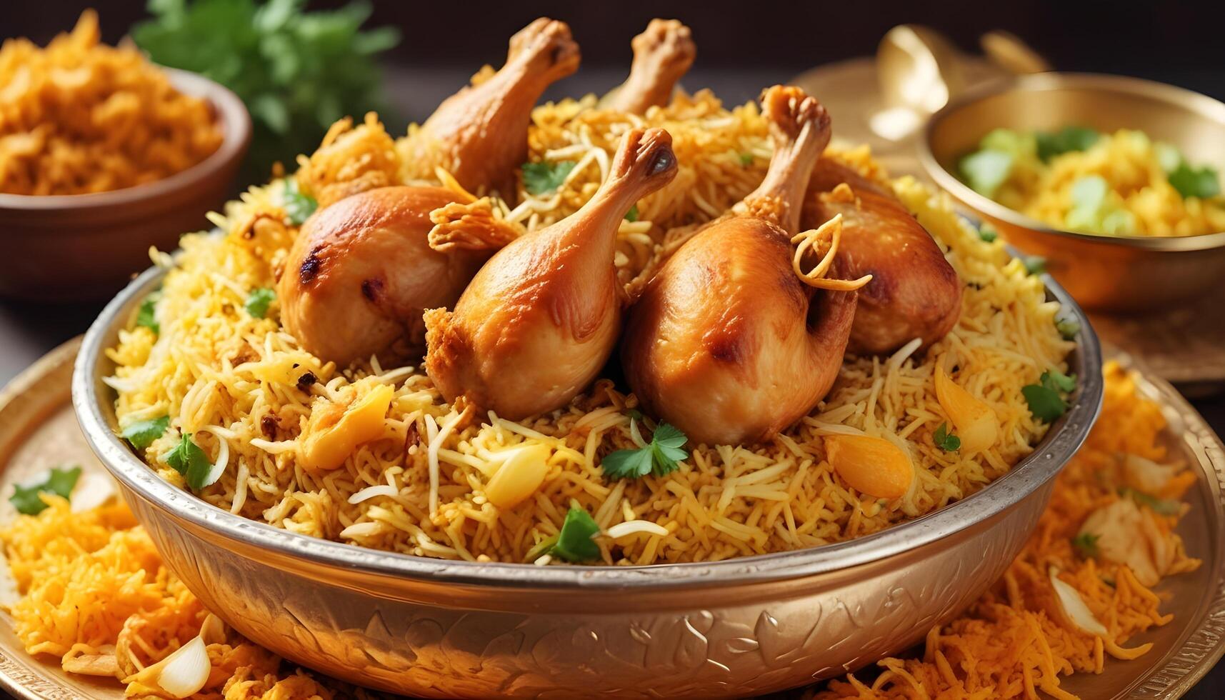 Fragrant, flavorful chicken biryani crowned with fried onions photo