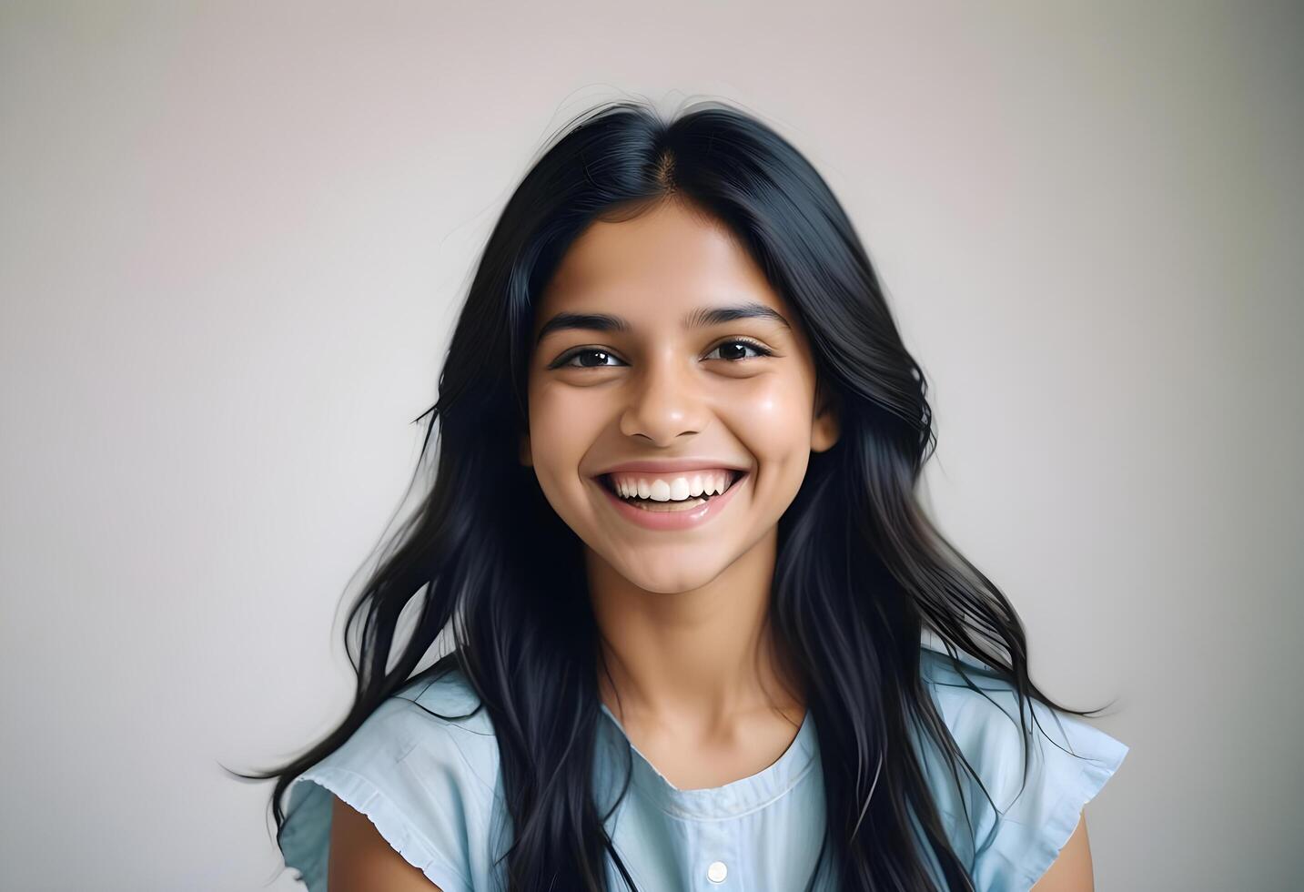 Indian girl with long, silky hair and a warm smile against a plain background photo