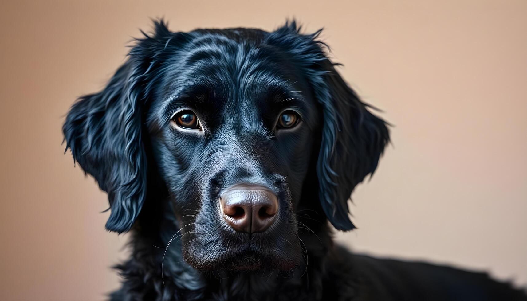Black retriever wavy fur relaxed pose focused gaze warm lighting neutral smooth backdrop photo