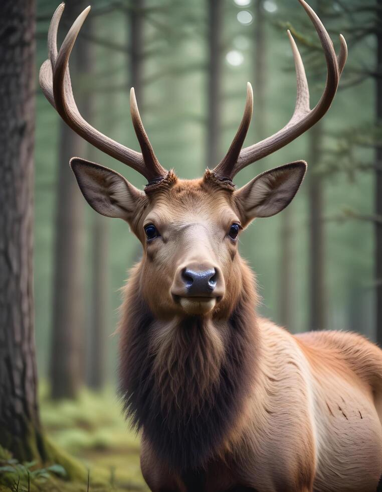 Portrait of a young male elk with velvety antlers and a curious gaze in a forest setting photo