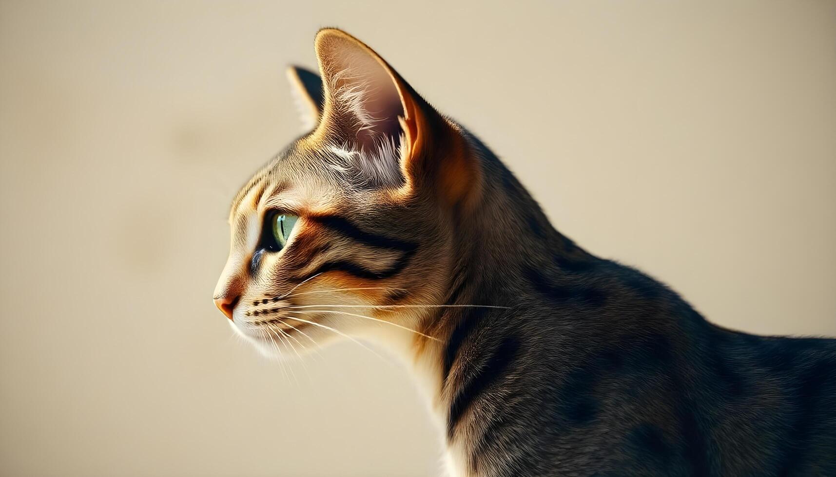 Sokoke cat with intense gaze, short marbled coat, and focused expression photo