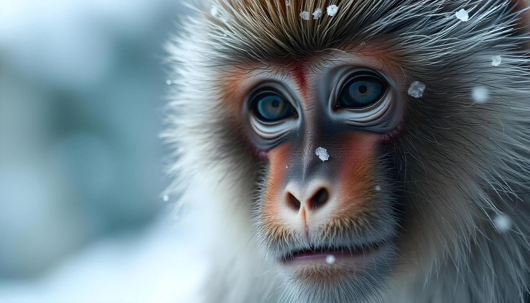 Extreme close up of a male Japanese macaque with his wet face and expressive eyes The detail in his fur and the clarity of his gaze are captured against a softly blurred snowy background photo