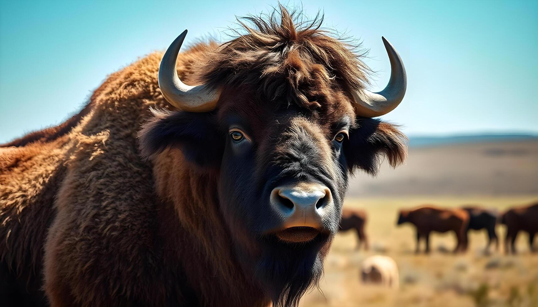 Portrait of a male bison with a thick, dark mane and a strong, calm expression The focus is on the texture of his fur and the depth in his eyes The background is a blurred prairie landscape photo