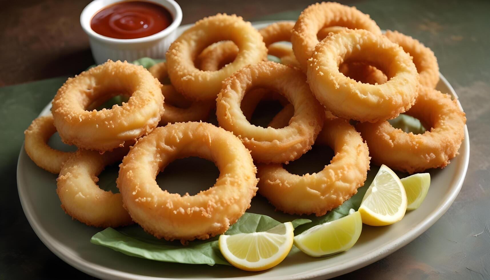 Thick cut onion rings served with a rich tangy sauce for dipping photo