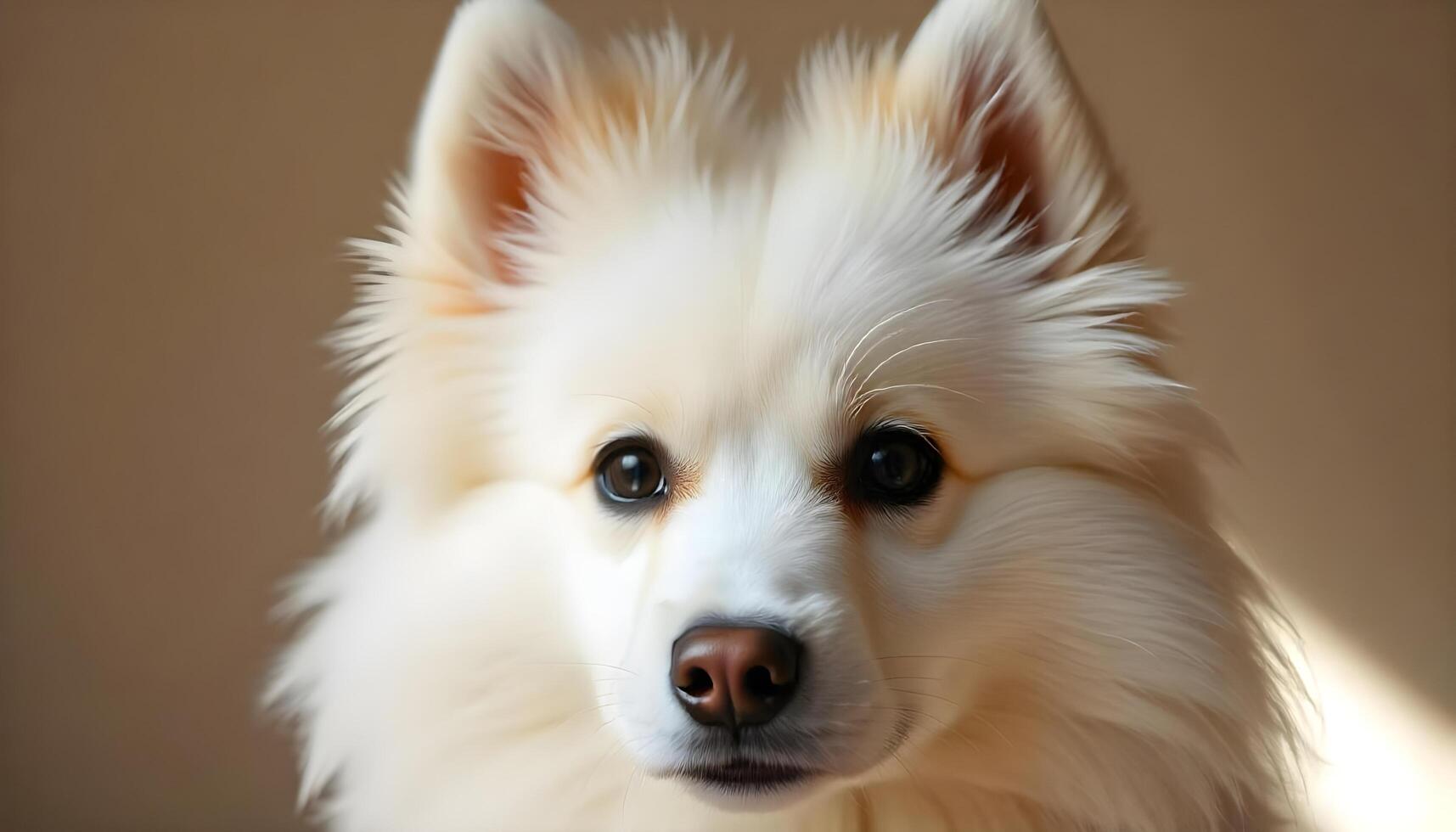 Fluffy American Eskimo Dog with thick white fur and calm demeanor in warm lighting photo
