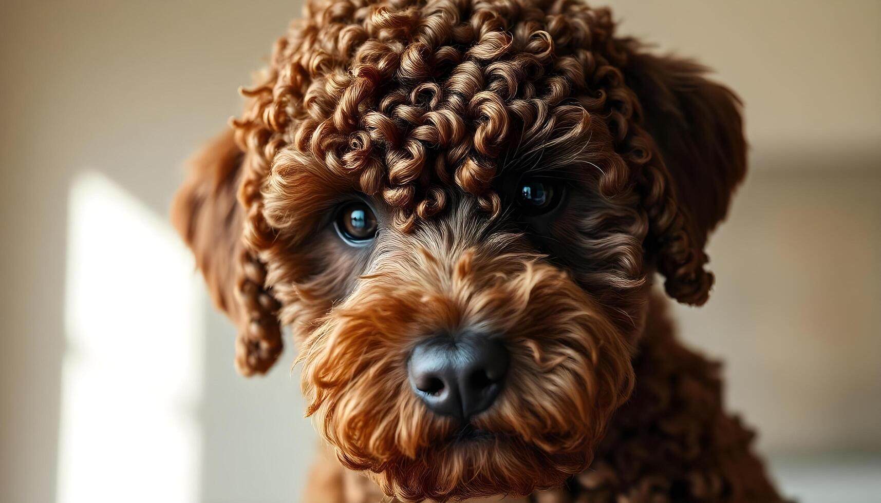 Lagotto Romagnolo with wavy fur and attentive expression in warm natural light photo