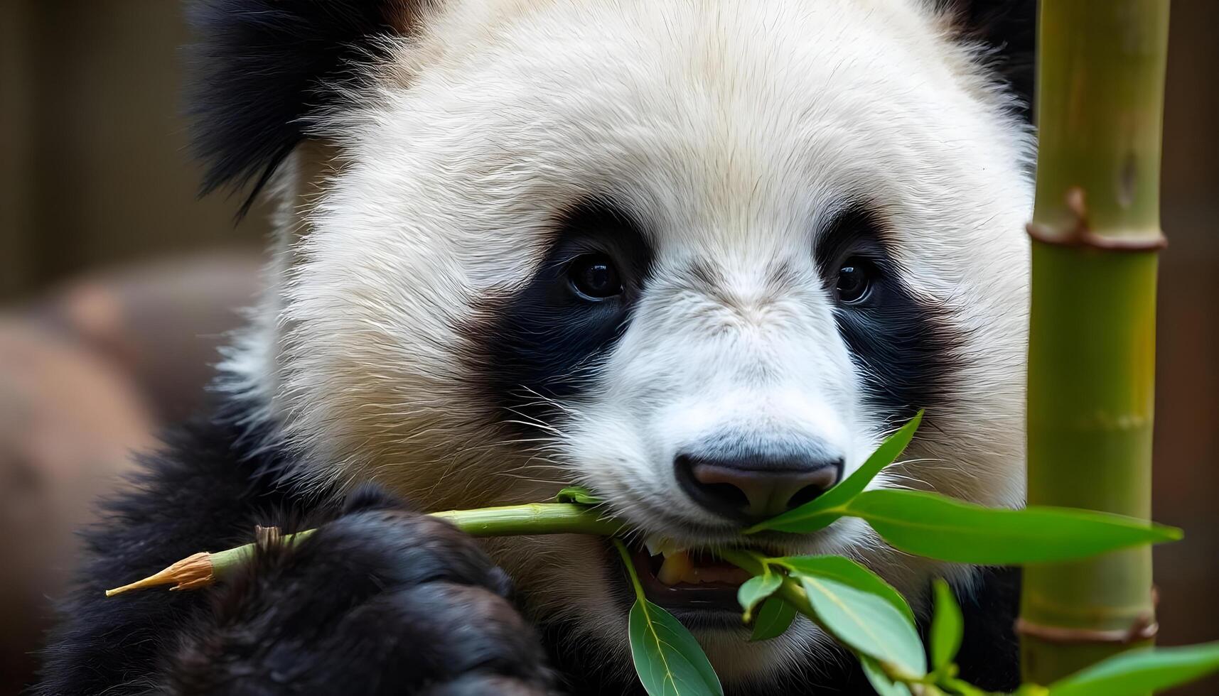 Close up of a panda munching bamboo, green leaves in mouth, playful eyes, detailed black and white fur photo