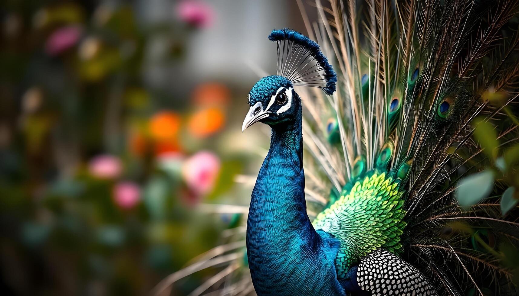 Peacock displaying iridescent feathers, intricate details, soft bokeh garden background photo