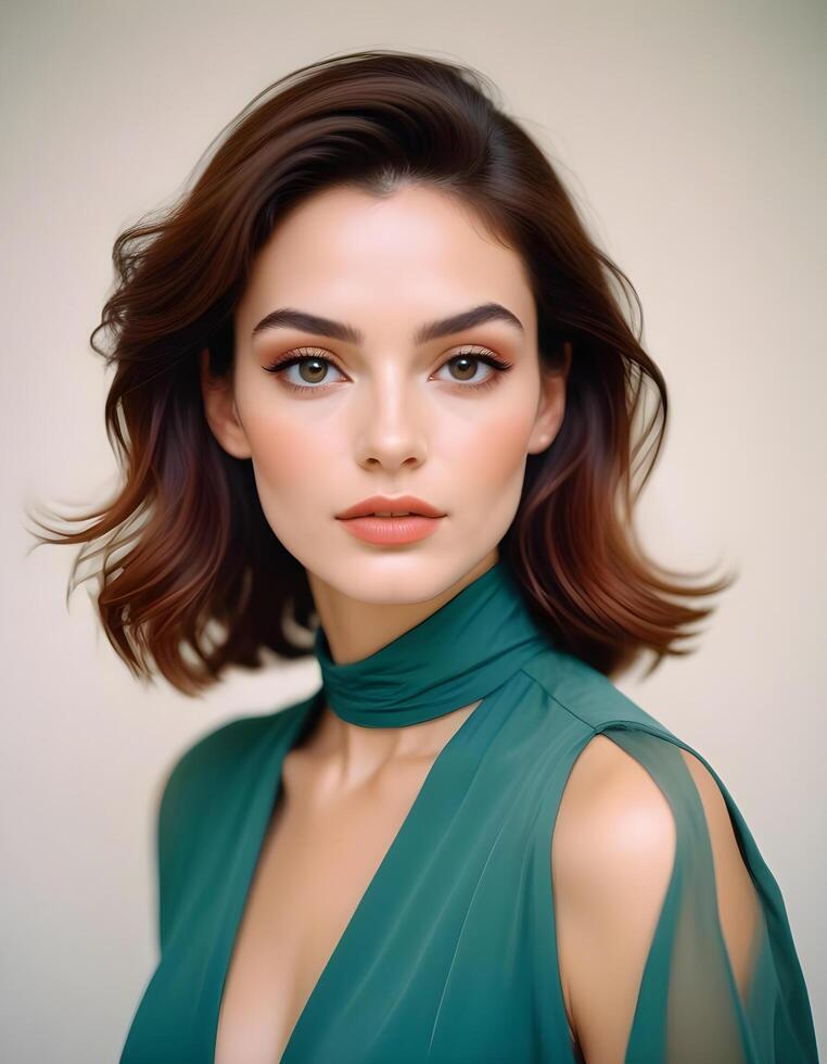 Polished woman with flawless makeup posing elegantly against a plain background photo