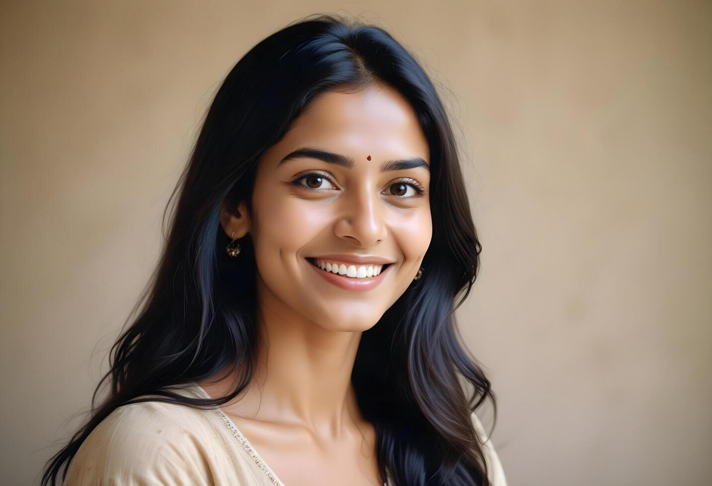 Fresh faced Indian girl with long hair and a glowing smile in a clean studio shot photo