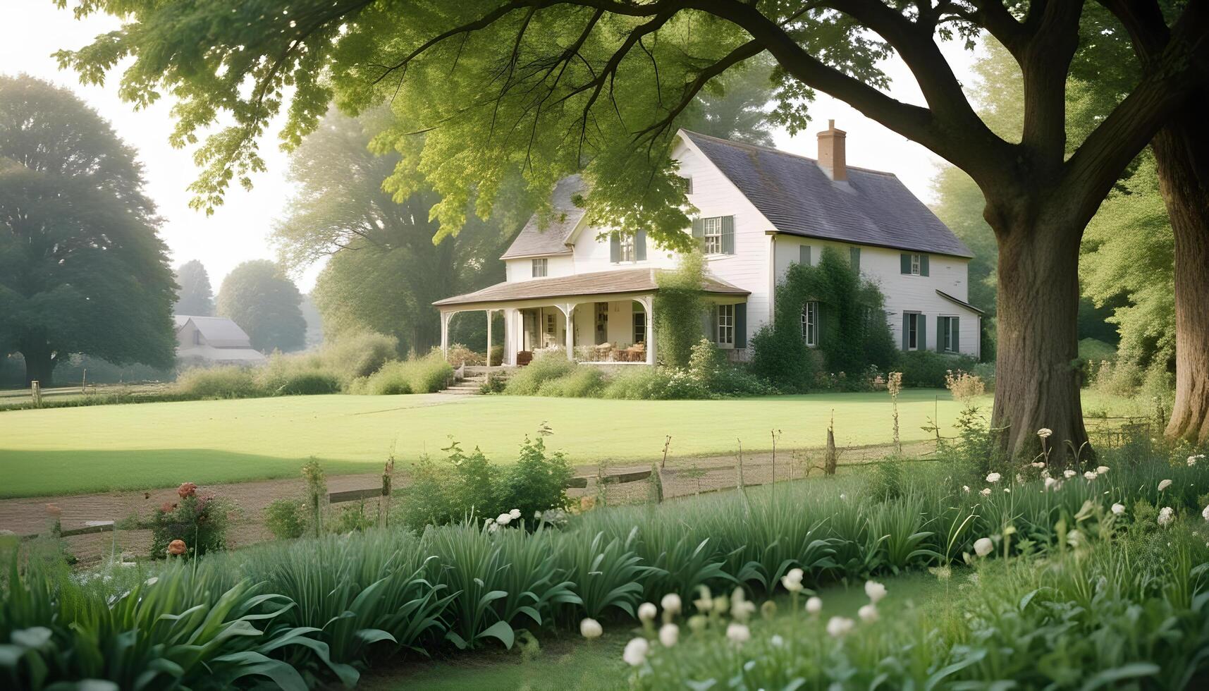 Tranquil rural setting with a charming farmhouse and blooming garden photo