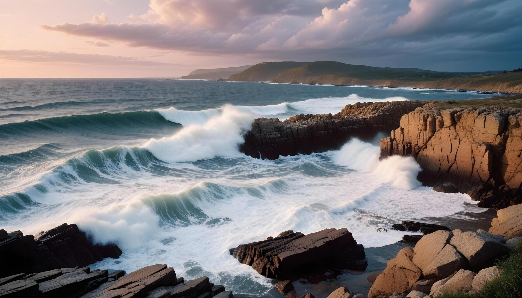 Rough coastline with powerful waves and a stormy, overcast sky photo
