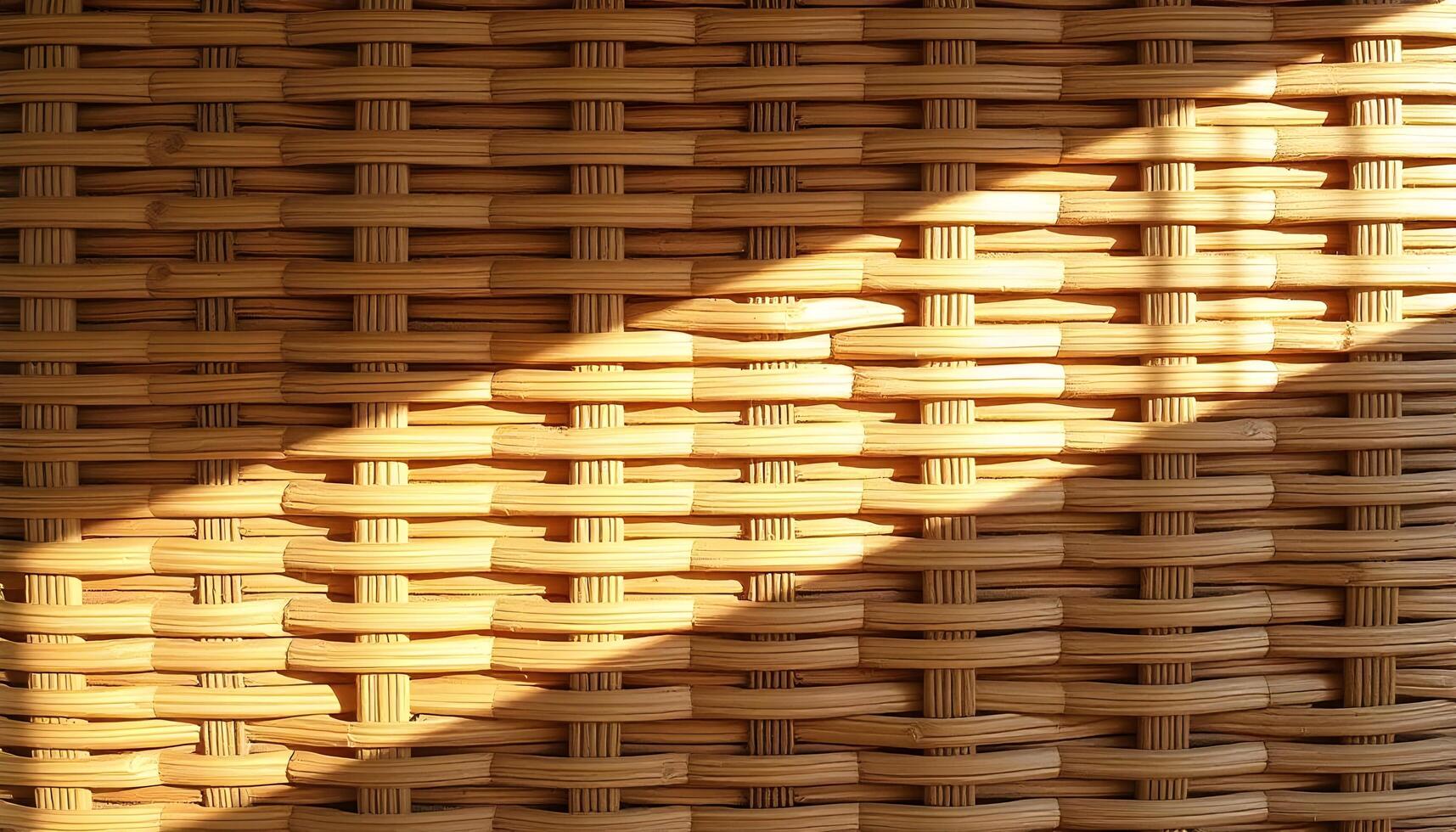 Rattan texture background illuminated by soft natural light, creating subtle shadows that accentuate the dimensionality of the woven surface photo
