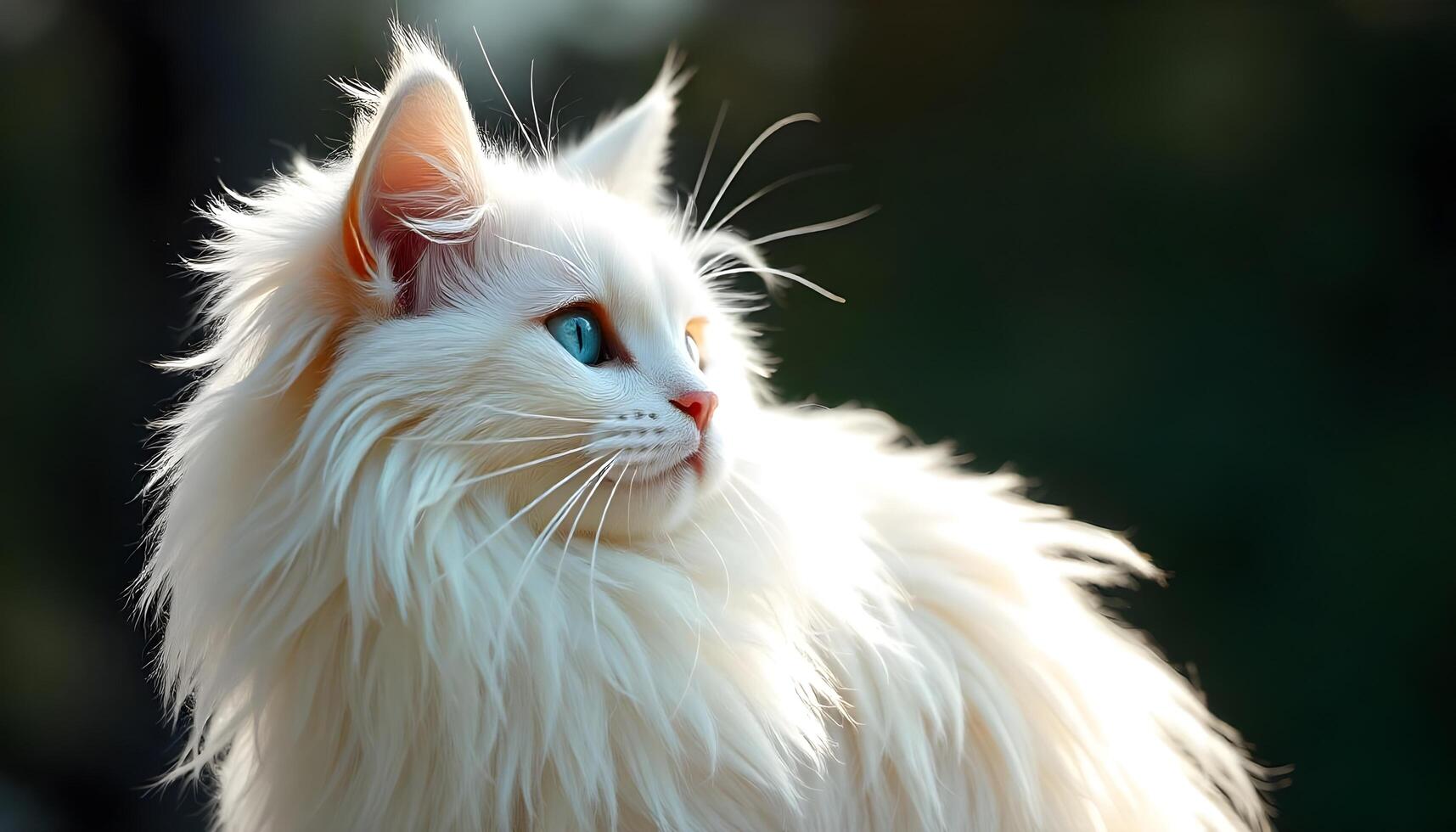 Elegant Turkish Angora with bright blue eyes and flowing white fur, soft bokeh background photo