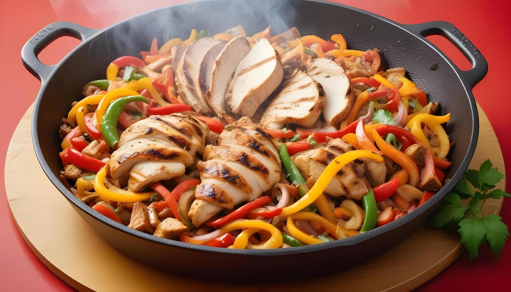 Tender grilled chicken fajitas with fresh bell peppers and onions, sizzling on a plate photo