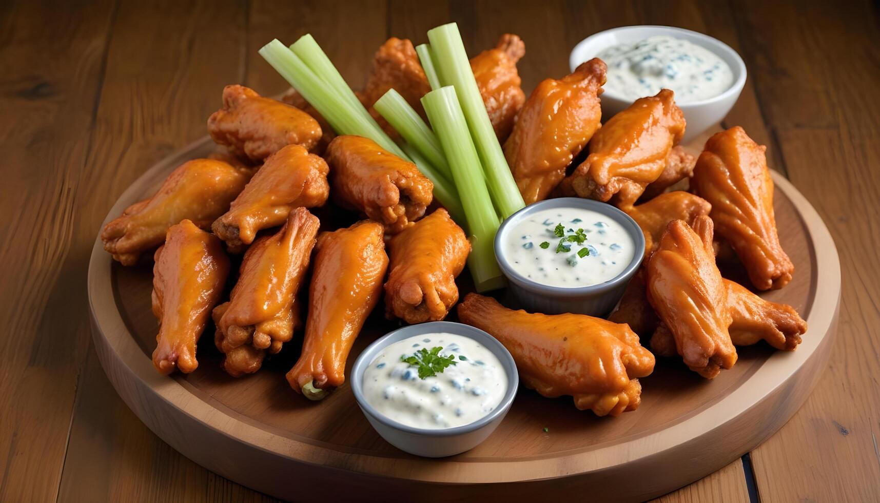 Tangy buffalo wings with crisp celery sticks and a side of blue cheese dressing photo