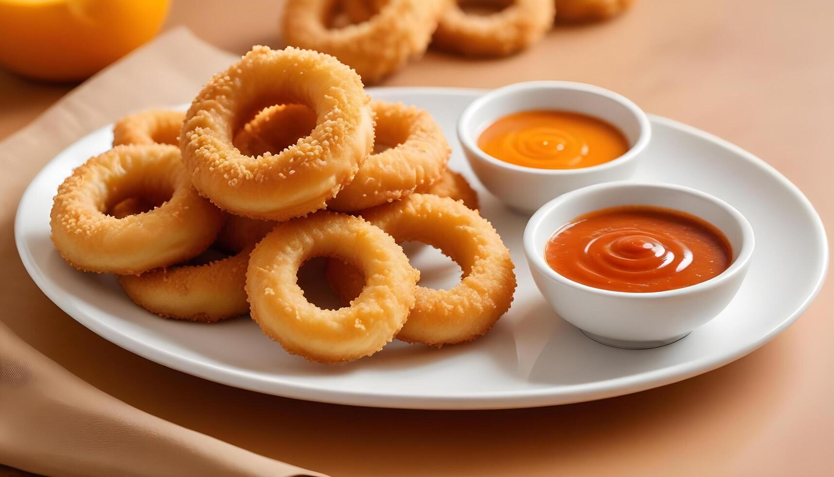 Crispy onion rings with a thick cut, served with a zesty tangy dipping sauce photo