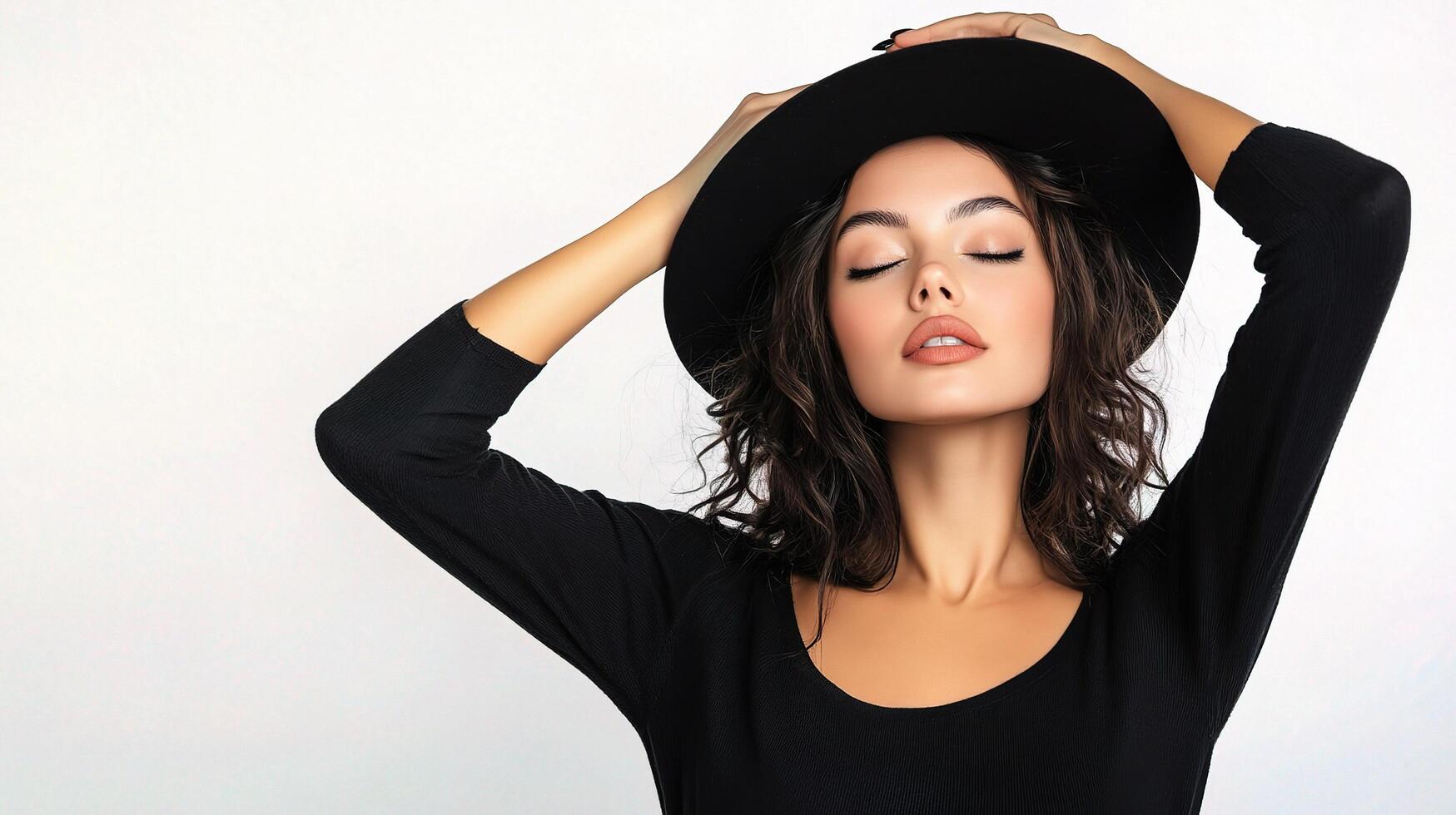 Stylish Female Model in Black Attire with Hat and Cheerful Expression photo