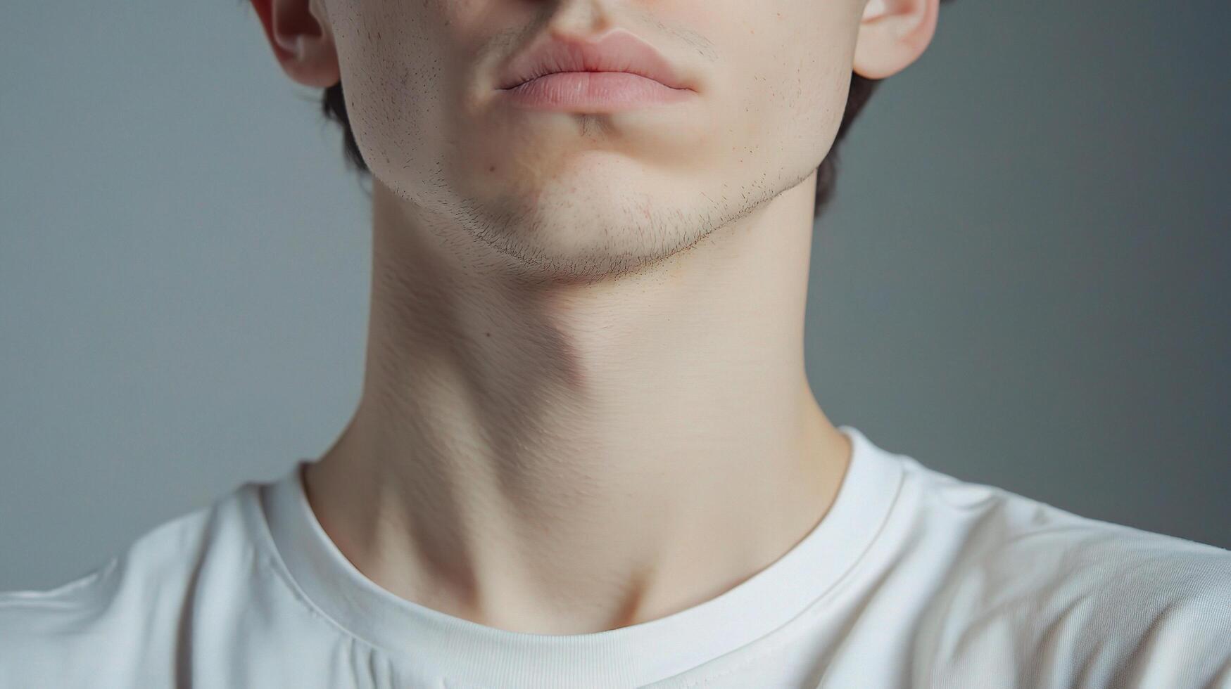 Close-Up Portrait of Young Man with Bored Expression in White photo