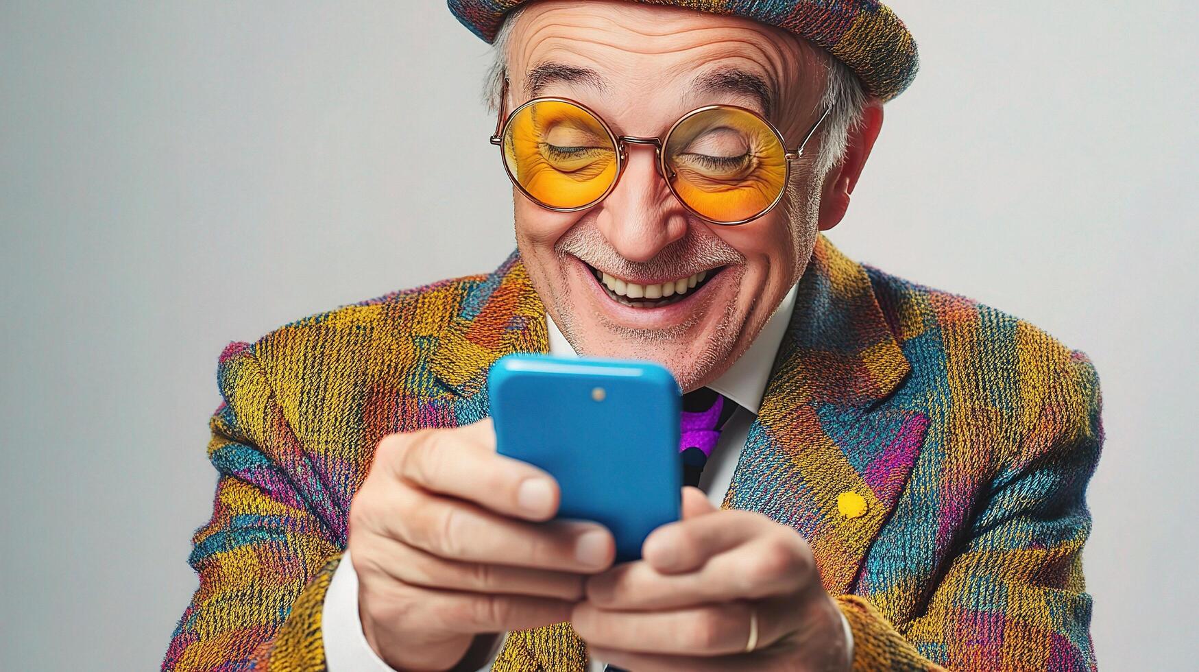 An older man wearing a hat and glasses is using a cell phone photo