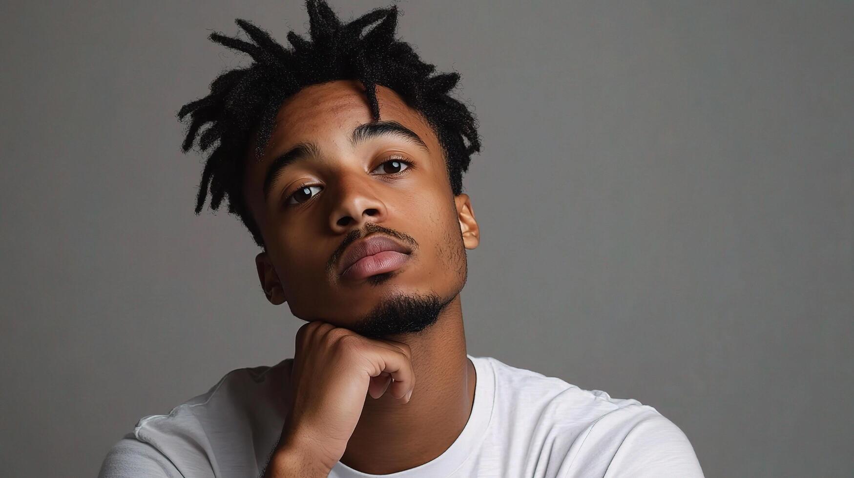 Bored Young Man in White Shirt Pondering Life in Close-Up Portrait photo
