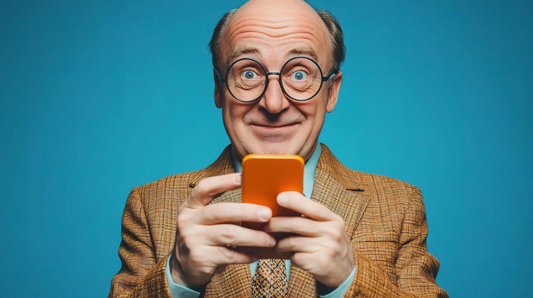 Cheerful Businessman in Round Glasses Typing an SMS with Joy photo