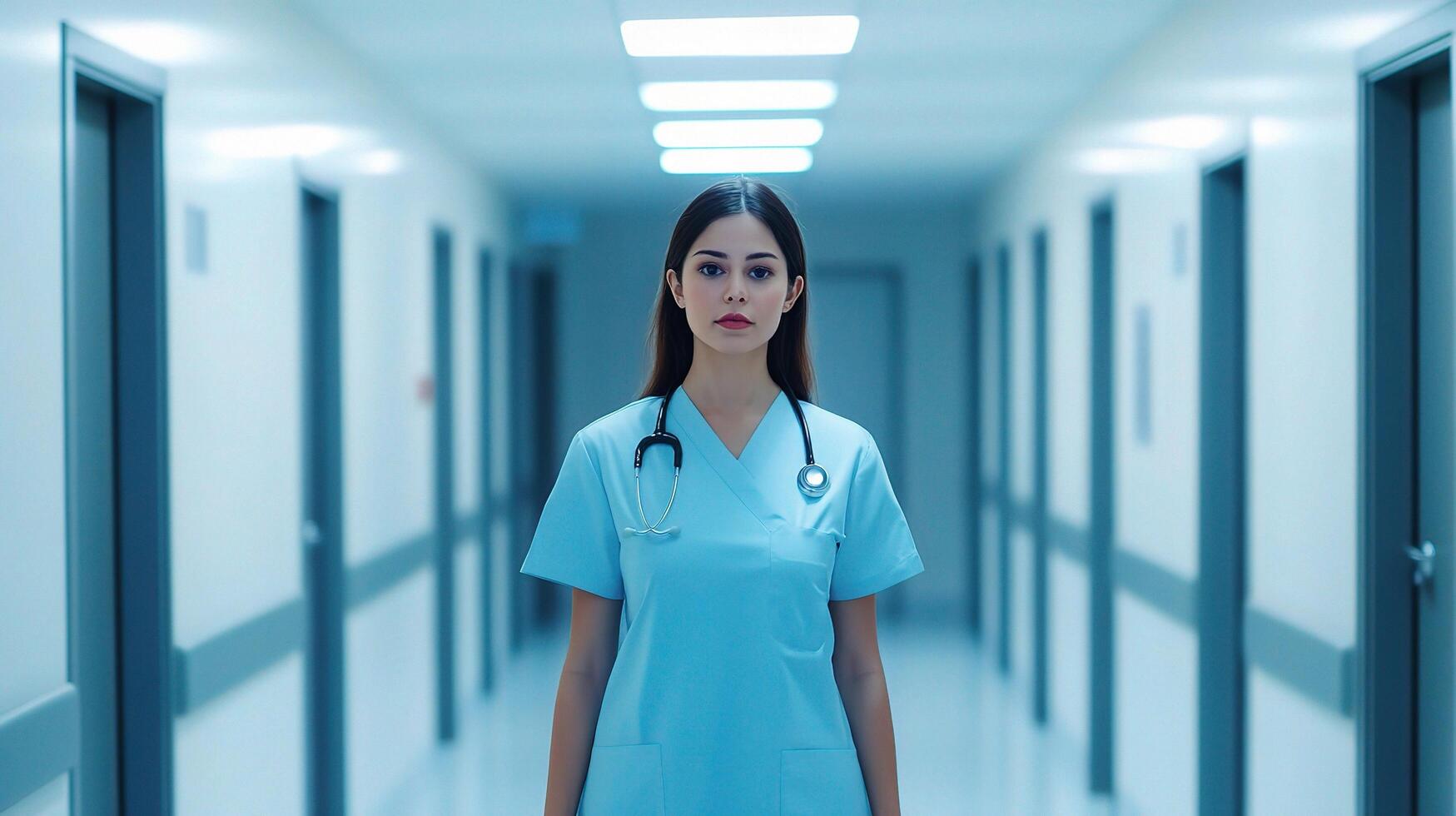 Confident Female Doctor Standing in Hospital Corridor Environment photo