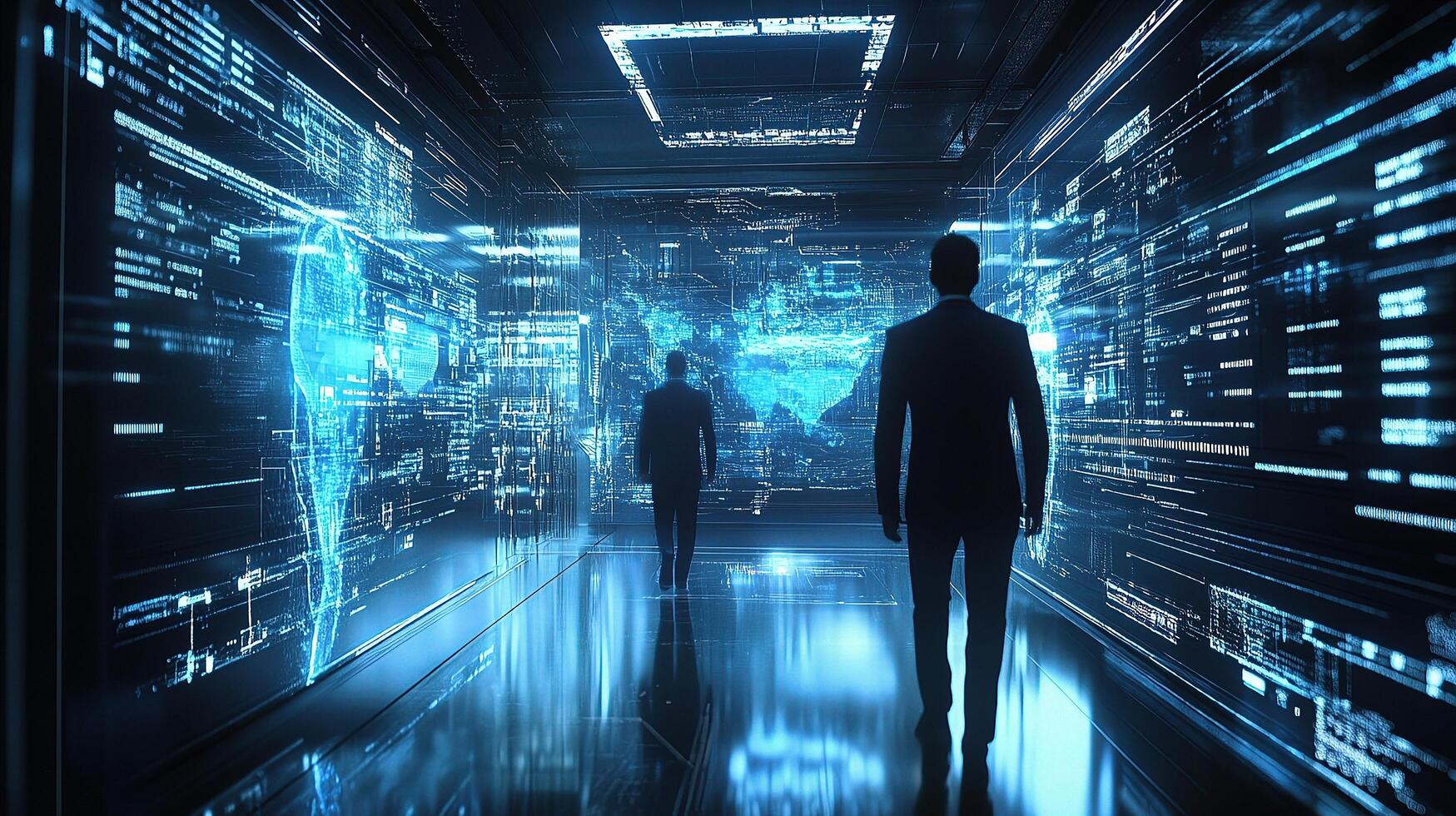 Two people walk through a futuristic hallway with a digital background photo