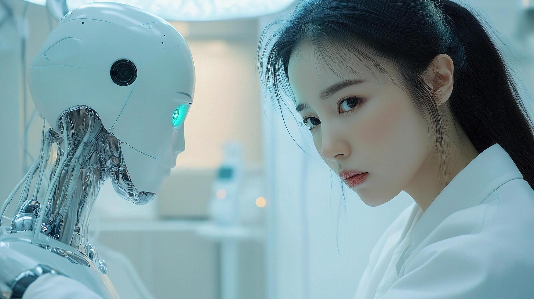 A woman in white coat standing next to a robot photo