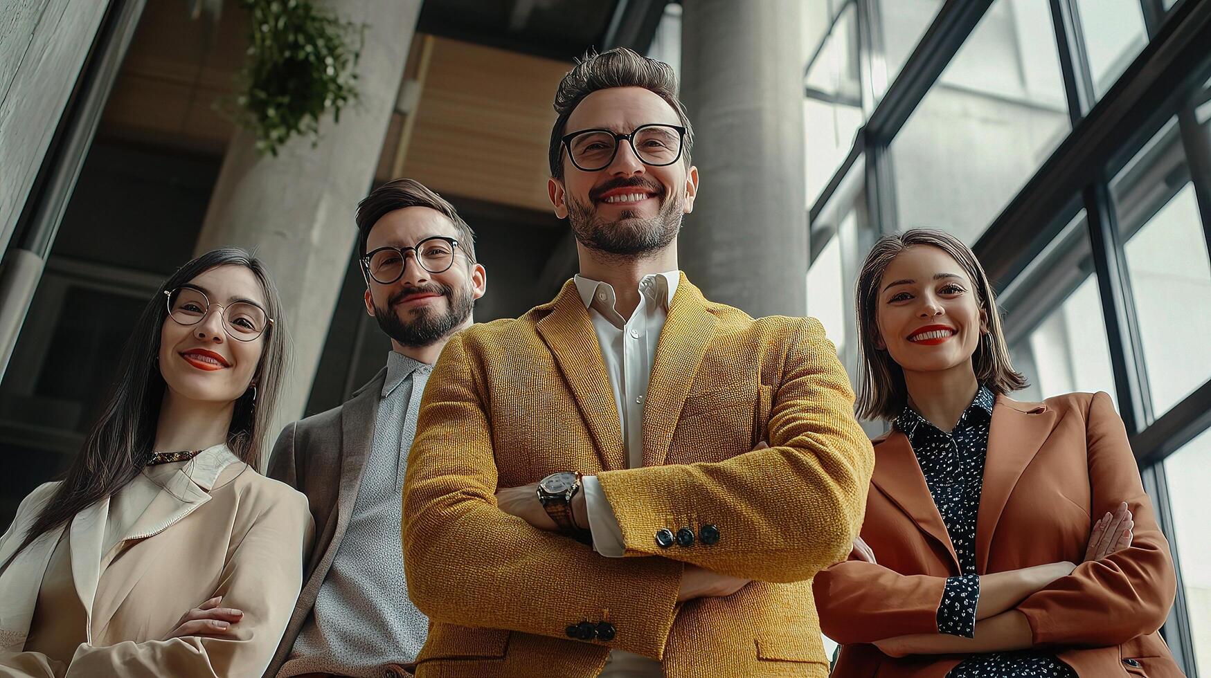 A group of business people standing in an office photo