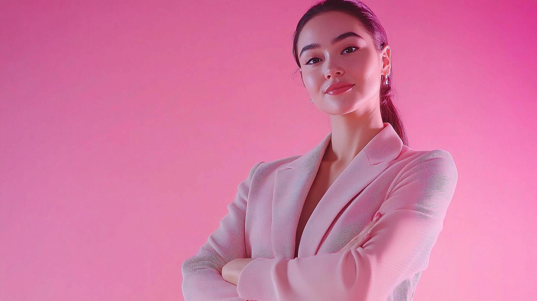 A woman in a suit posing against a pink background photo