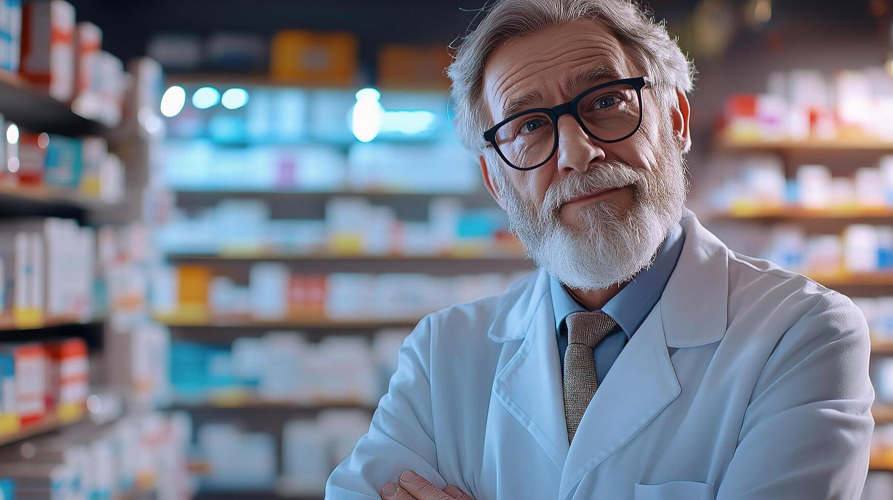 A man in a white lab coat standing in front of shelves of medicine photo