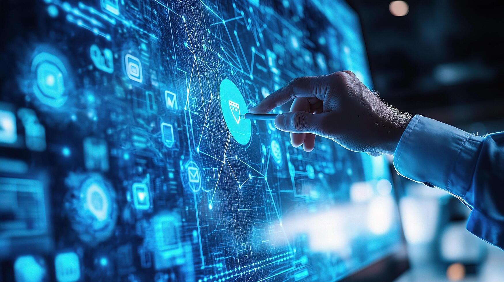 A man is pointing at a digital interface with a futuristic design photo