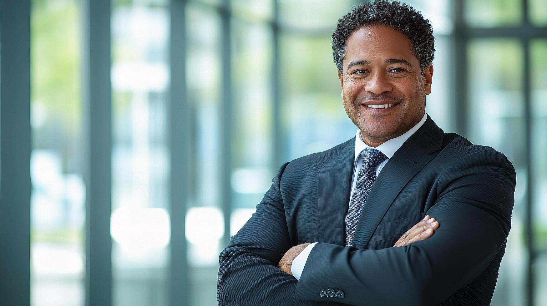 A man in a suit and tie standing in an office photo