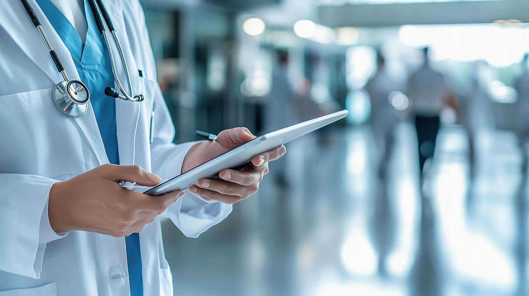 Doctor Busy with Tablet Filling Out Checklist in Hospital Setting photo