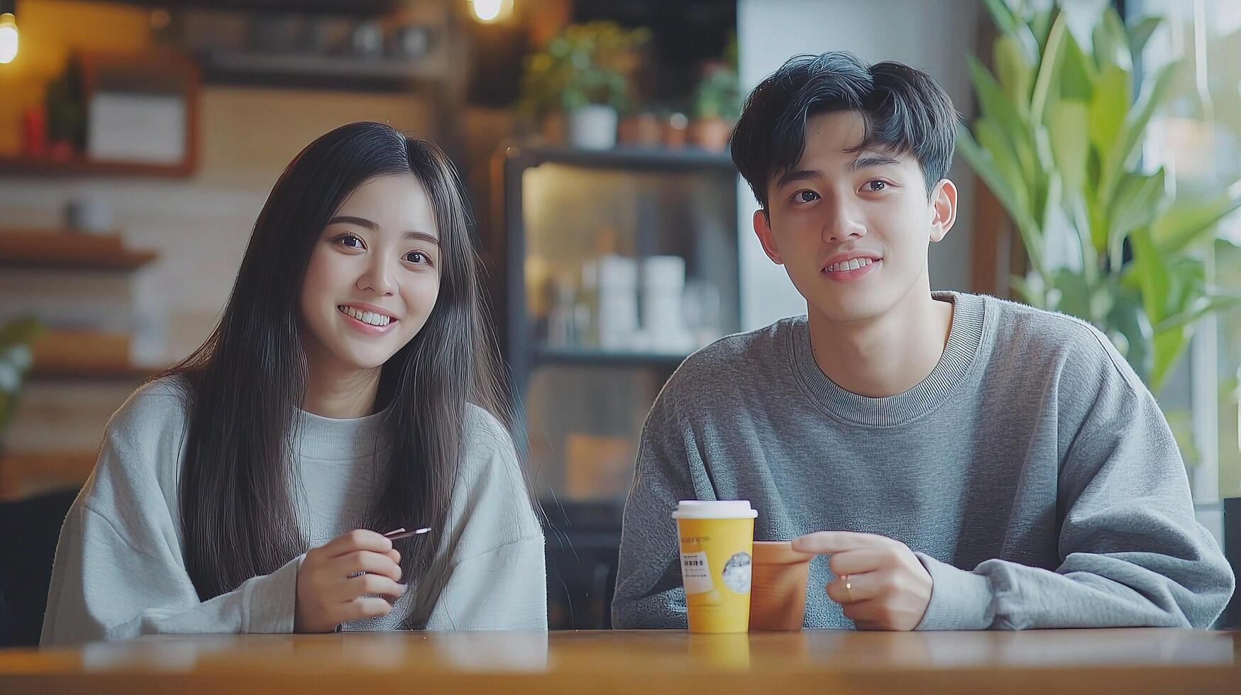 Young Asian Woman and Man Smiling in Cozy Cafe Setting photo