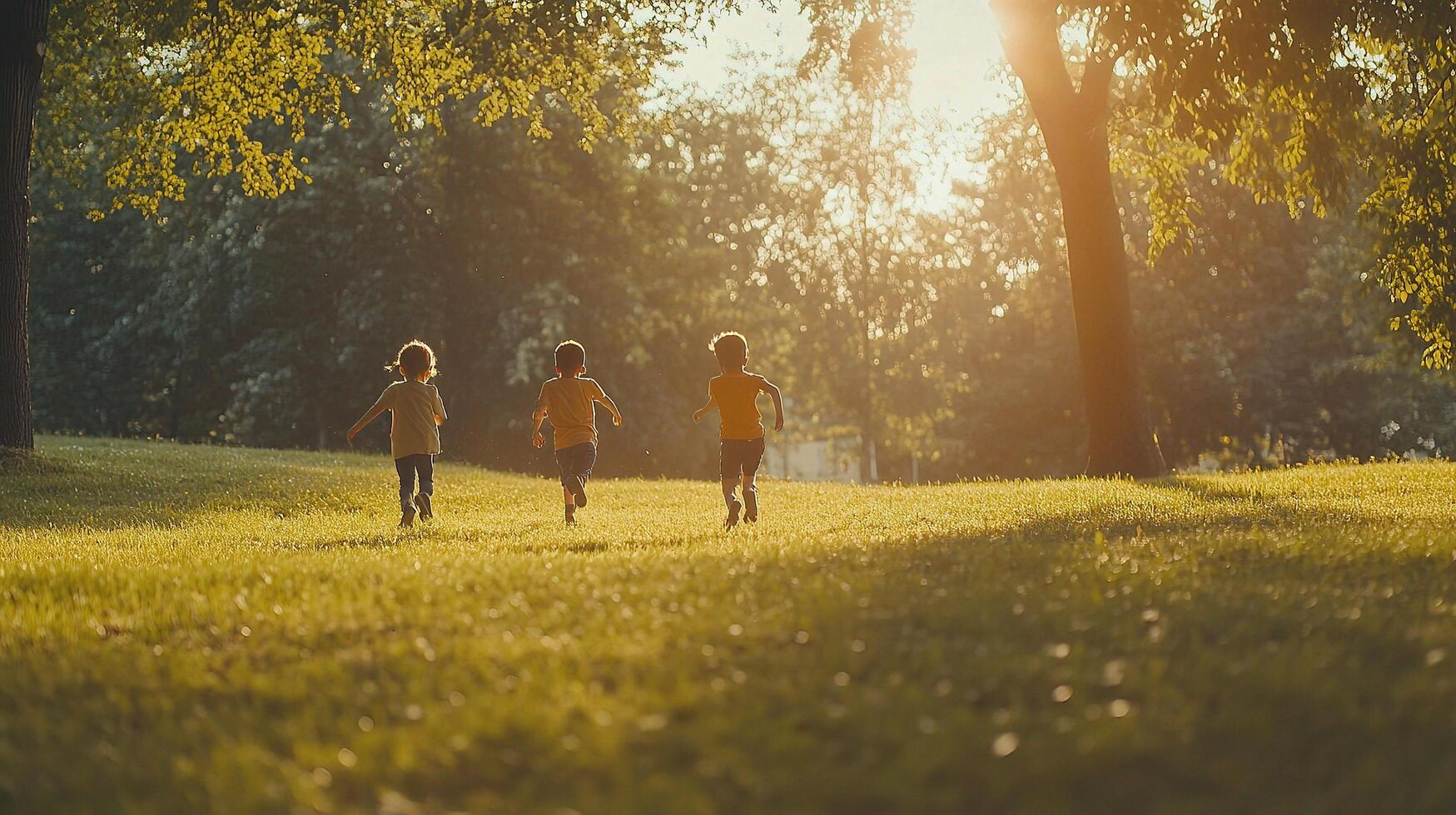 Three children running in the grass at sunset photo