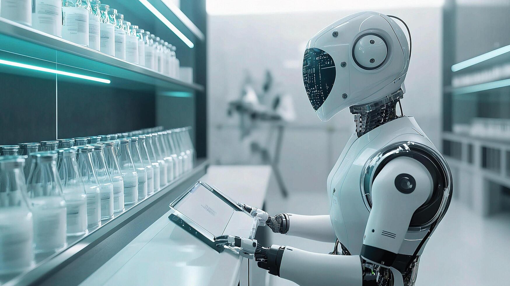 A robot in a laboratory with bottles on shelves photo