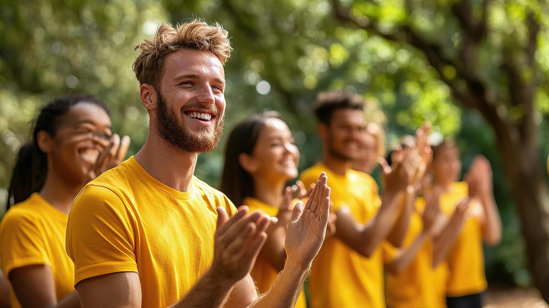 A group of people in yellow shirts clapping photo