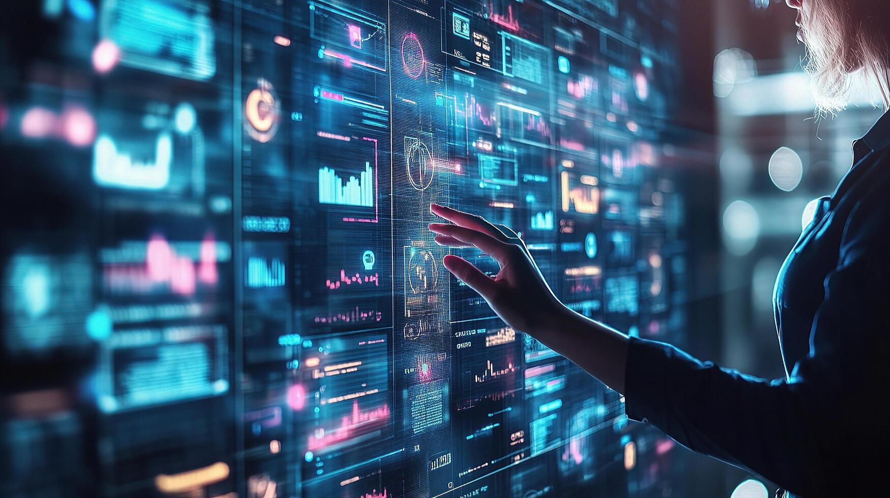 A woman is touching a digital display with data on it photo