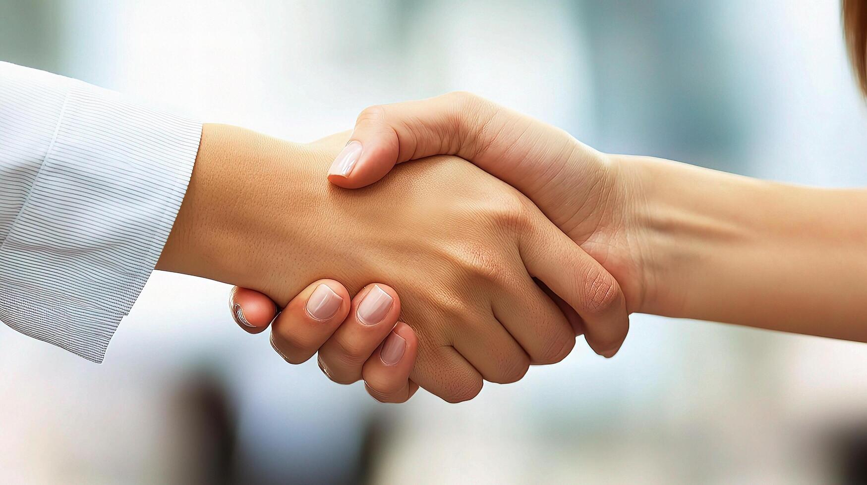 Two people shaking hands in front of a business office photo