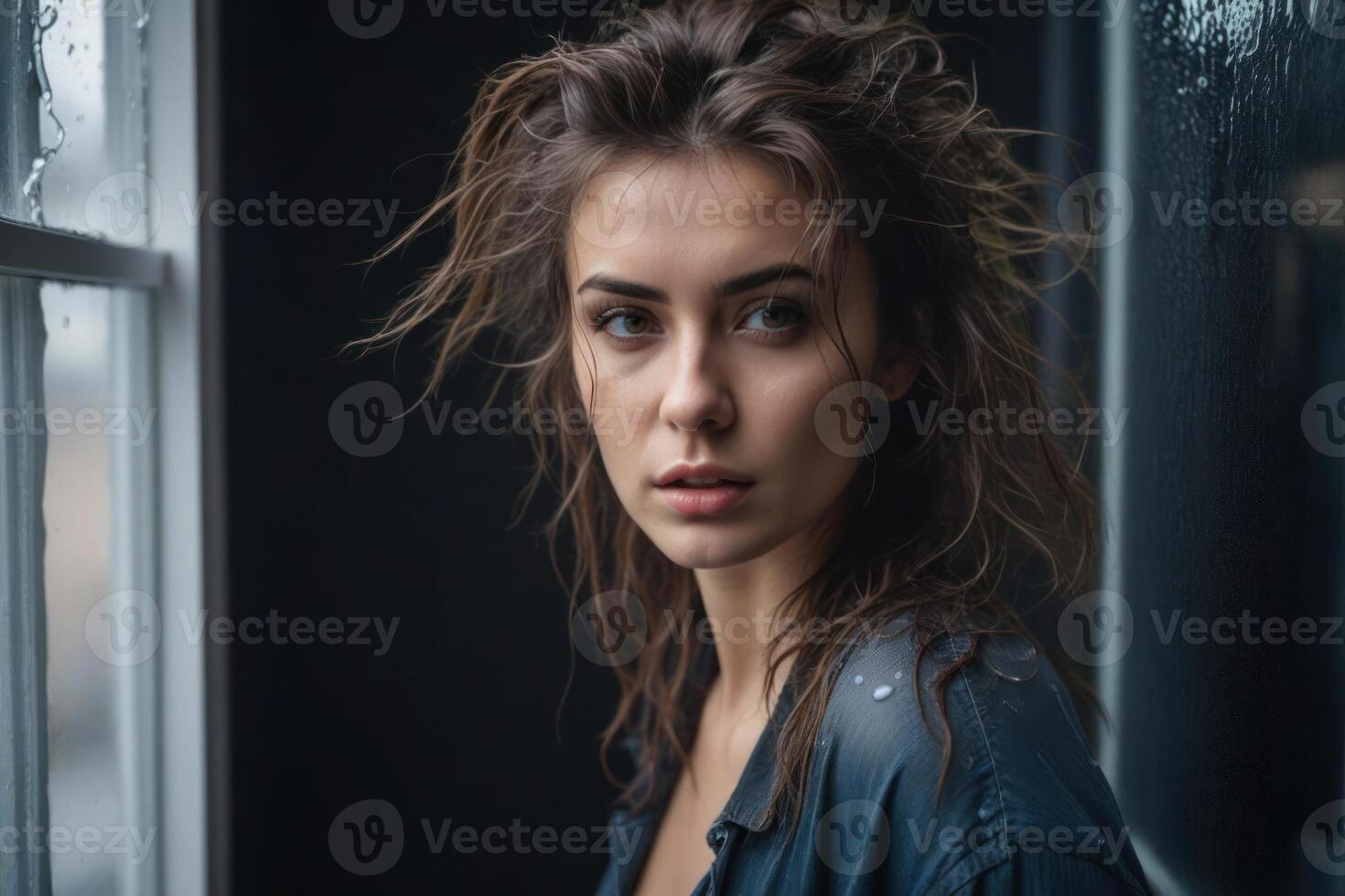 Sad young beautiful woman with messy hair stands near the window. photo