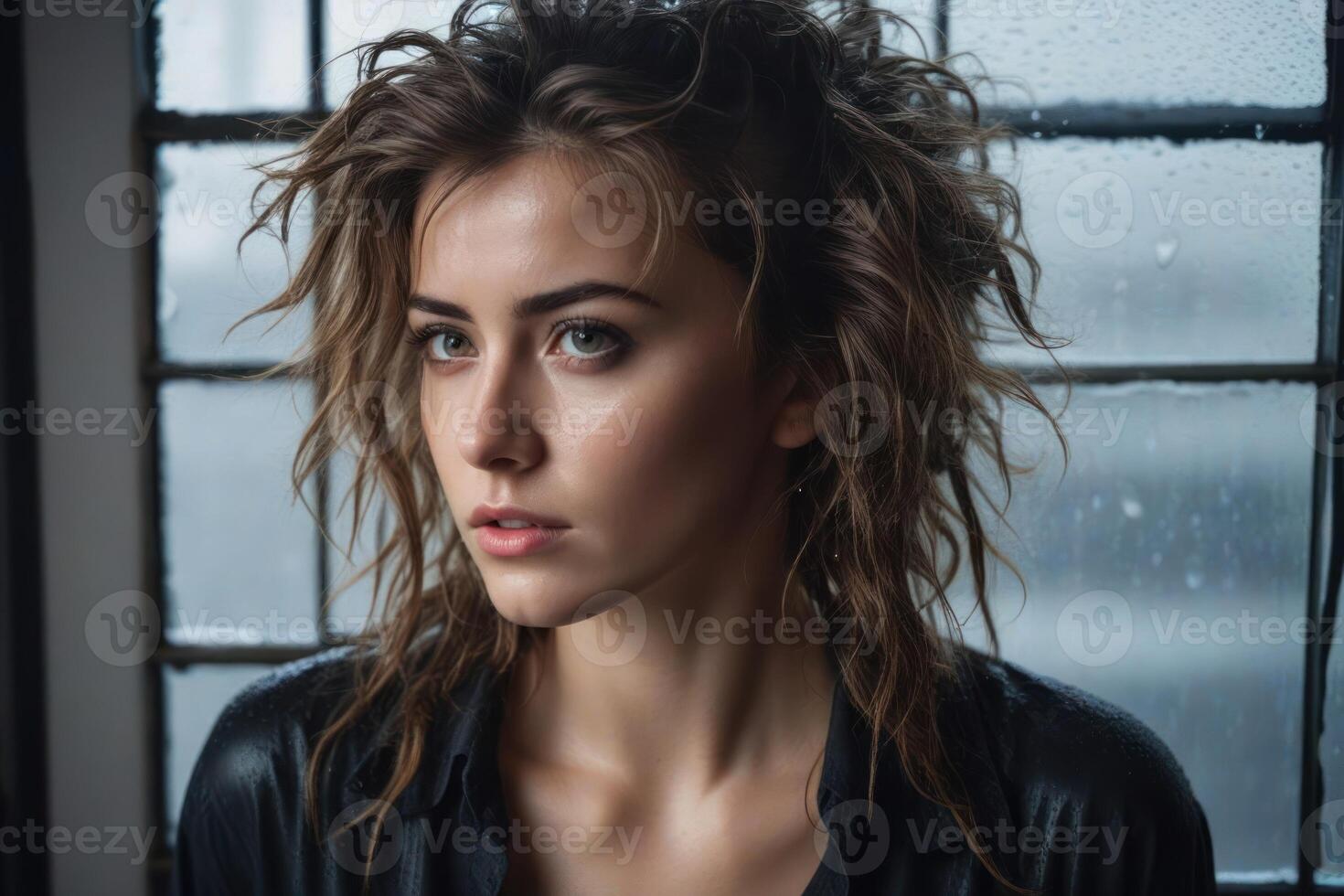 Sad young beautiful woman with messy hair stands near the window. photo
