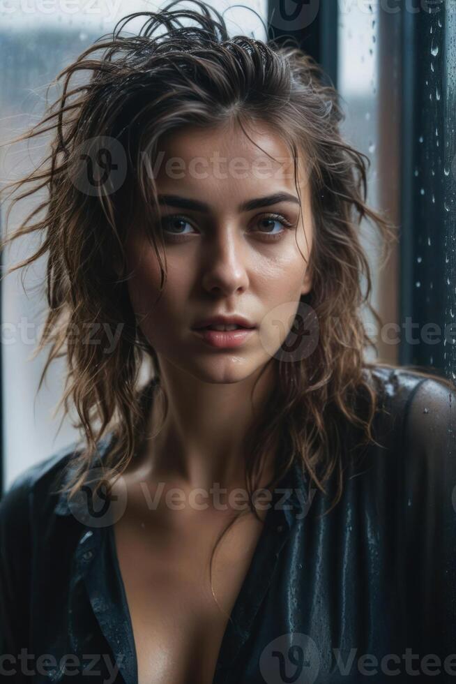 Sad young beautiful woman with messy hair stands near the wet window. Vertical orientation. photo