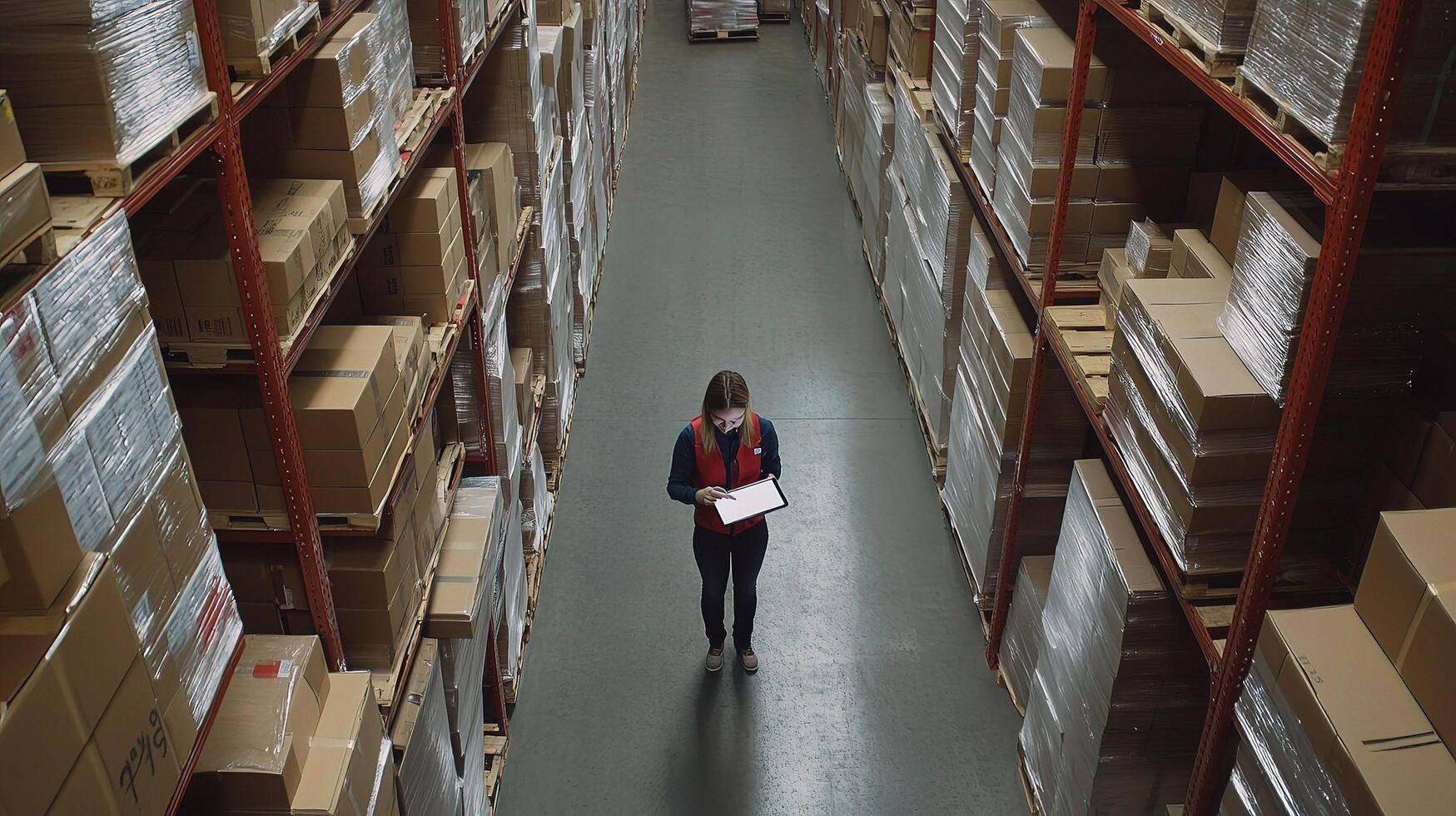 A woman is standing in a warehouse aisle with boxes photo