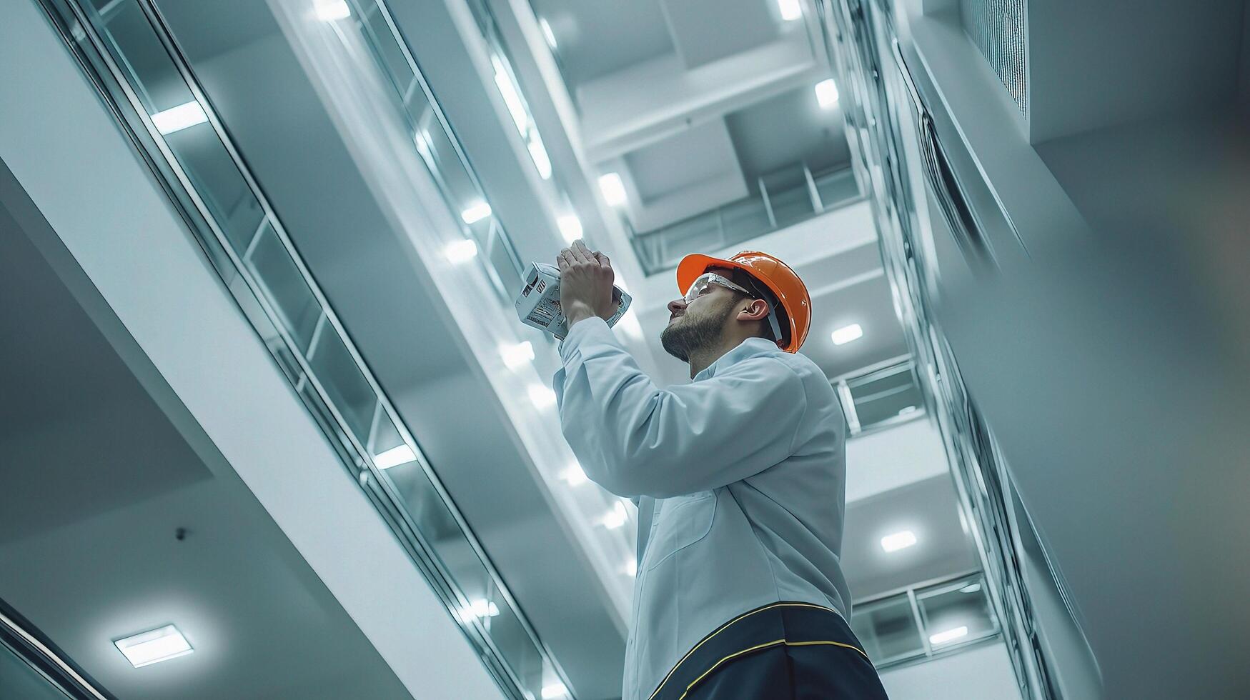 A man in a hard hat is standing on a ladder photo