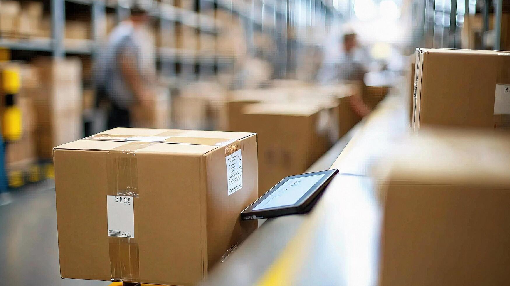A man is standing in front of boxes in a warehouse photo