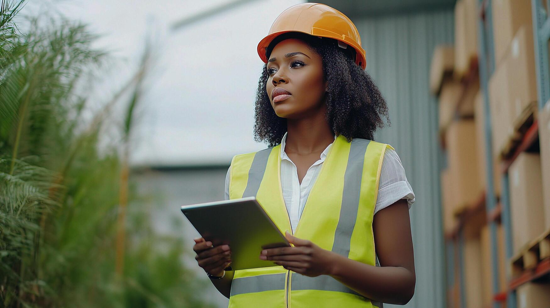A woman in a safety vest holding a tablet photo